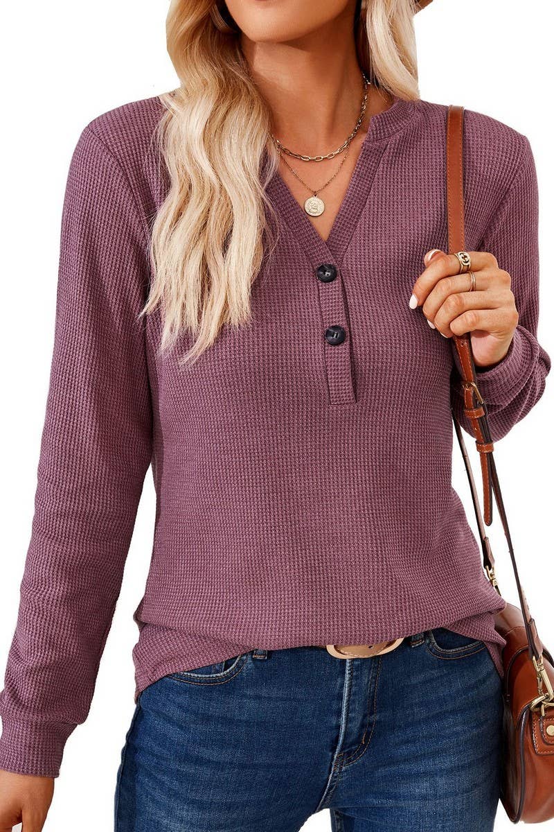 CWTBLL01312_V NECK BUTTON SOLID LONG SLEEVE LOOSE TEE