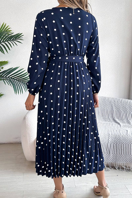 CWDMD3444_POLKA DOT CROSS V-NECK PLEATED DRESS LONG