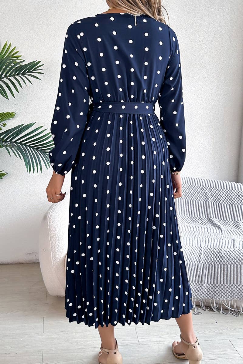CWDMD3946_FALL V-NECK POLKA-DOT PLEATED LACE-UP DRESS