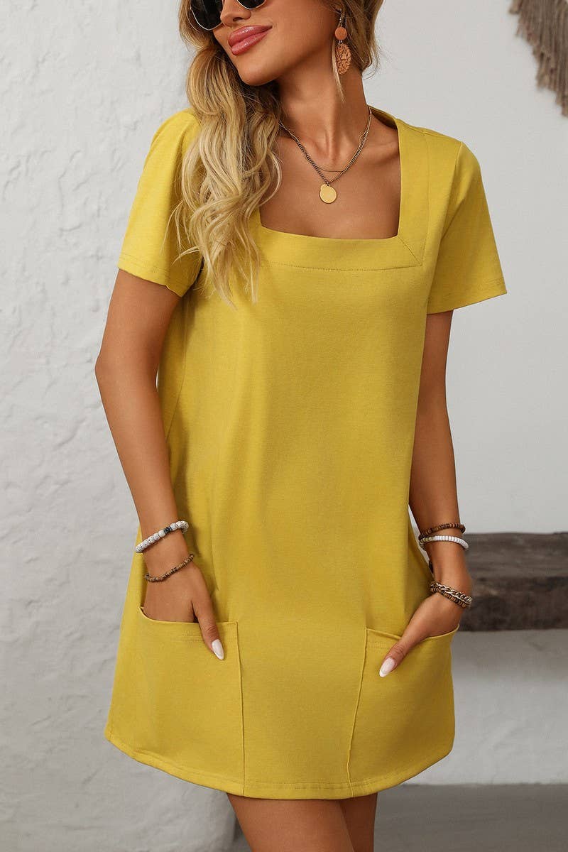 CWDSD7257_SOLID COLOR SQUARE NECK POCKET SHORT SLEEVE DRESS