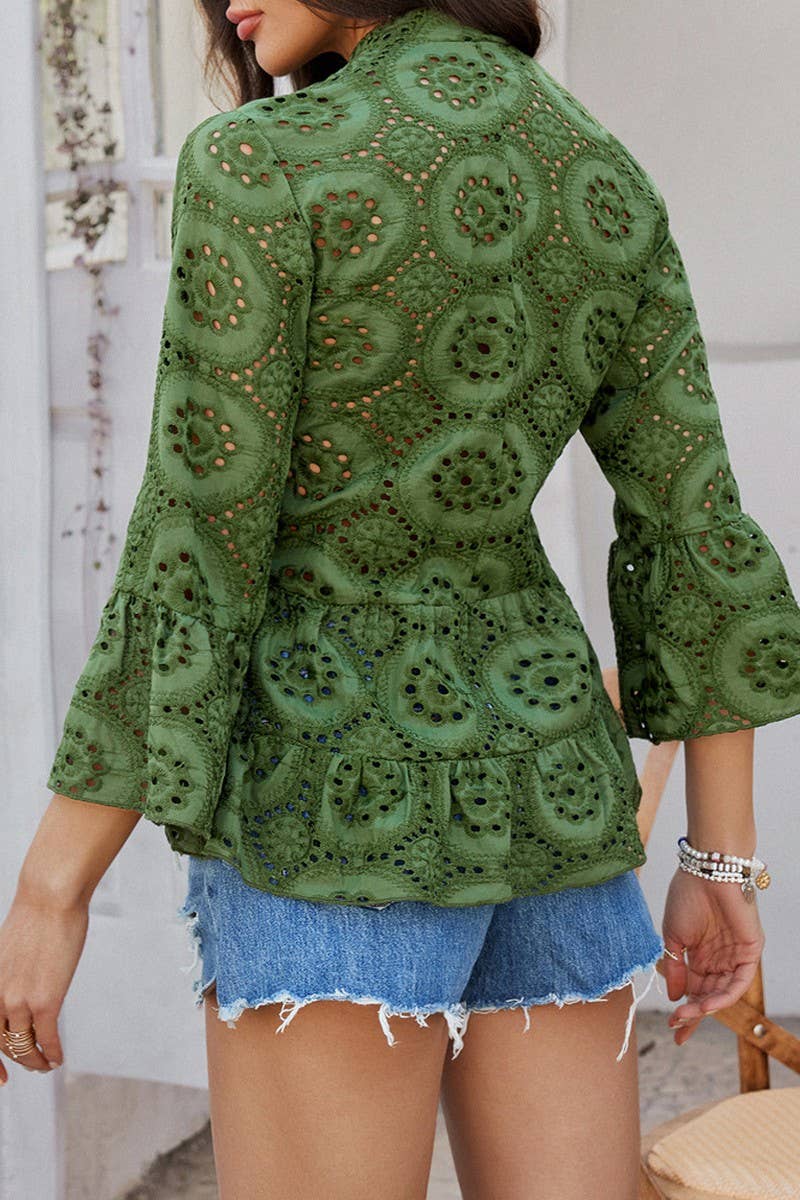 CWTBLL3593_CASUAL HOLLOW V-NECK THREE-QUARTER SLEEVE SHIRT