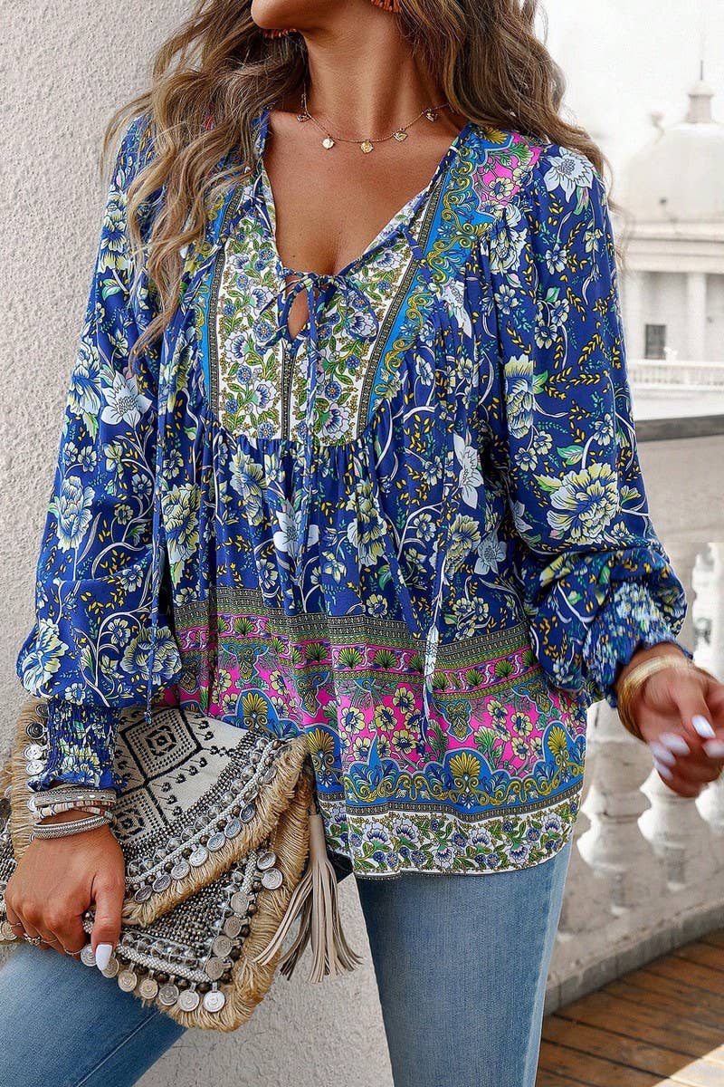 CWTBLL3942_BOHO V-NECK TIE FRONT PRINTED LONG SLEEVE BLOUSE
