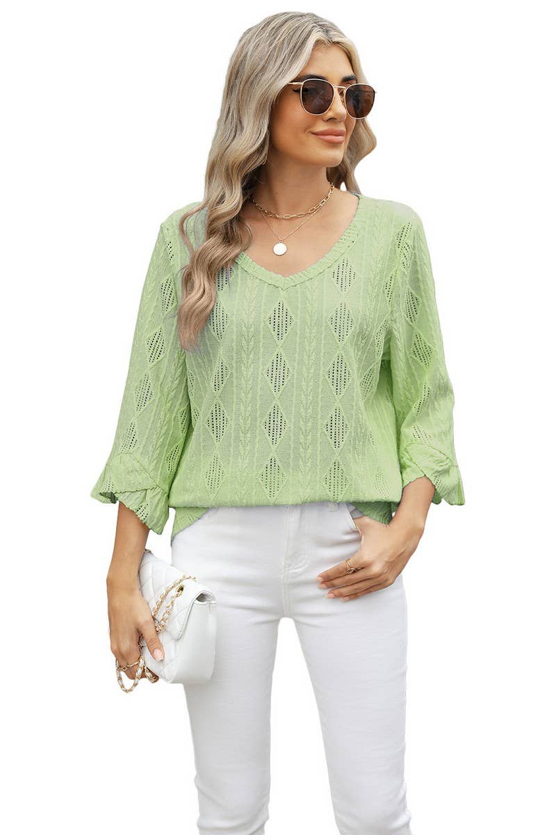 CWTBLL3672_V-NECK DIAMOND CHECK HOLLOW TRUMPET SLEEVE TOP