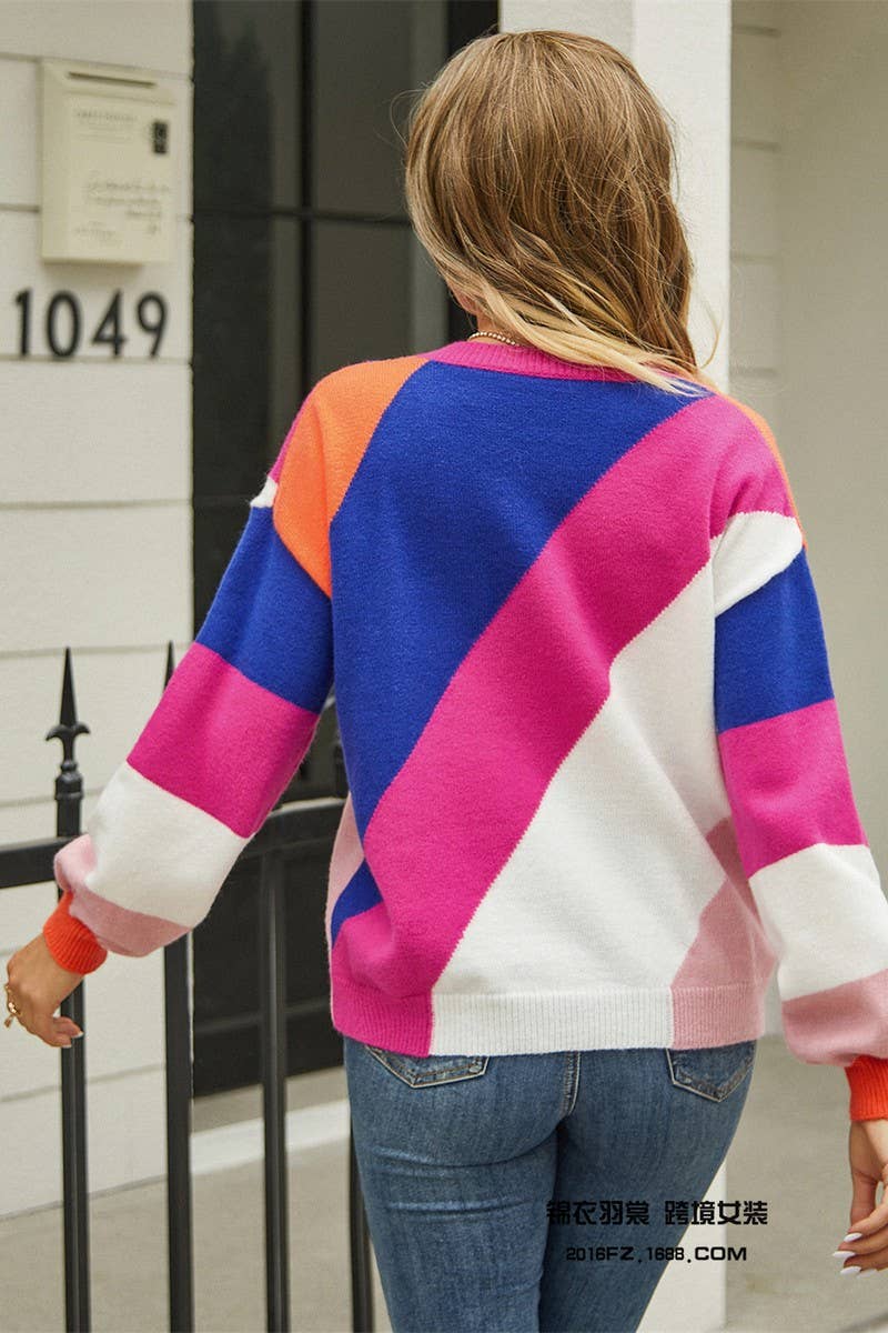 CWOSWL3145_STRIPED CONTRAST PANEL CREW NECK KNITTED SWEATER