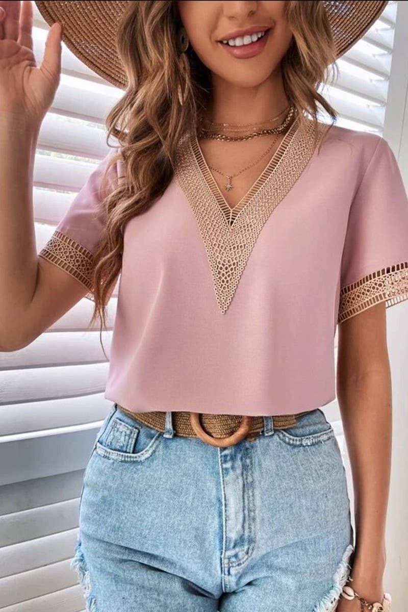 CWTBLS0826_V-NECK LACE CASUAL SOLID COLOR SHIRT