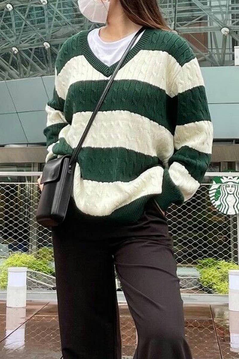 CWOSWL5744_V-NECK STRIPED CONTRAST CHUNKY KNIT SWEATER