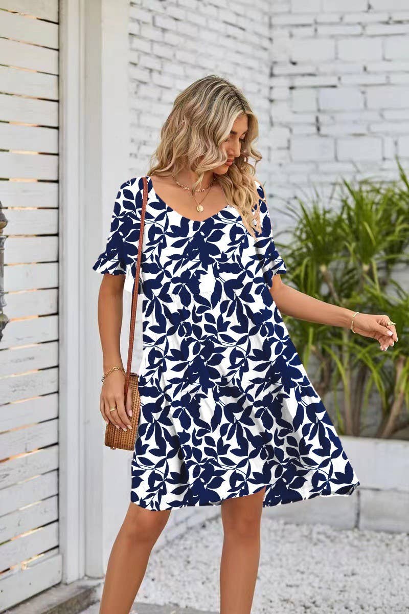 CWDSD8214_FLORAL RUFFLE SLEEVE TIERED MINI DRESS