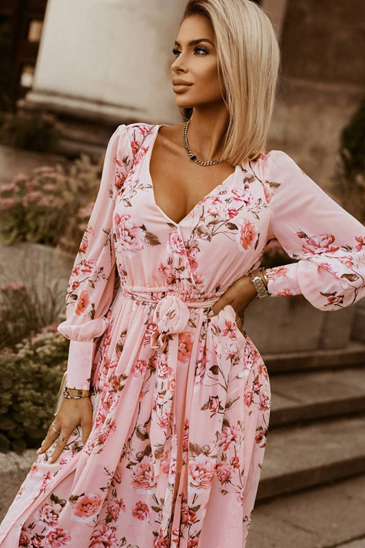 CWDMD4114_AUTUMN FLORAL PRINT V-NECK LONG-SLEEVED DRESS