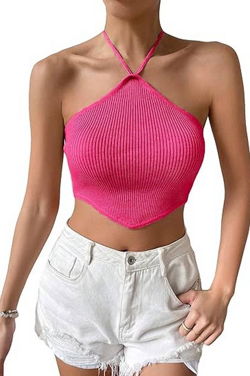 CWTHT0143_CROPPED HALTER NECK TIE-BACK KNIT TANK TOP