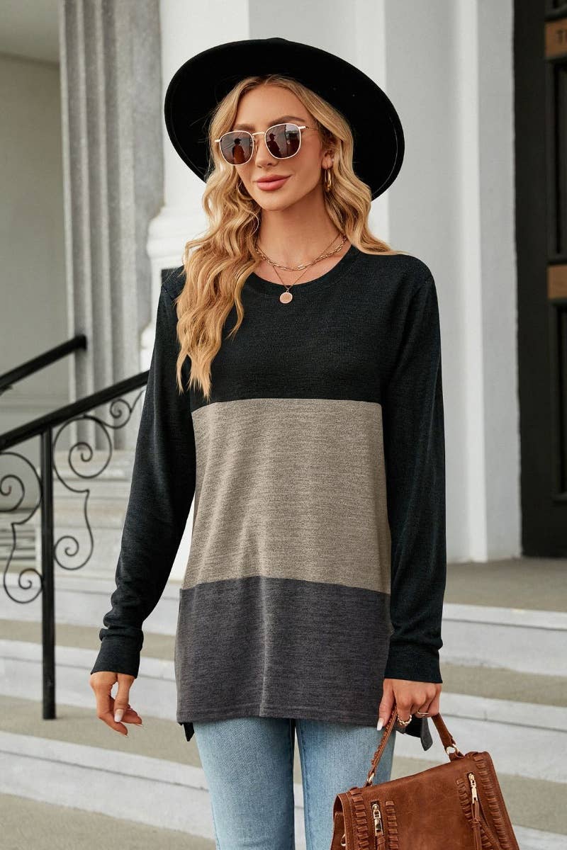 CWTBLL2818_CREW-NECK COLOR MATCHING LONG-SLEEVED TOP