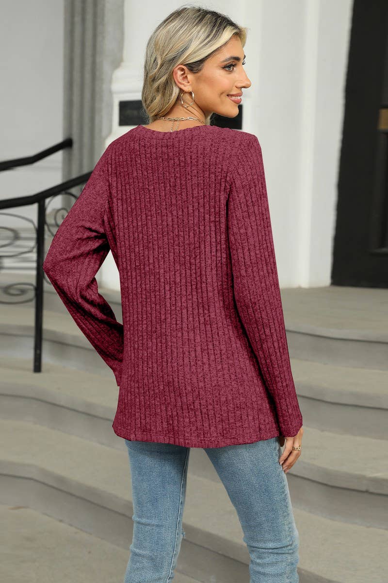 CWOSWL6831_SINGLE-BREASTED ROUND NECK LONG-SLEEVED LOOSE TOP