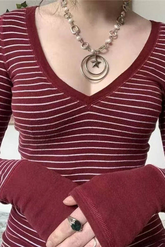 CWTBLL3167_V-NECK STRIPED LONG-SLEEVED BOTTOMING TOP
