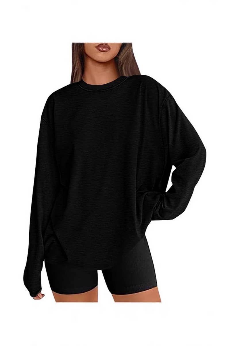 CWTBLL3997_LOOSE FIT SOLID COLOR LONG SLEEVE CREWNECK TEE