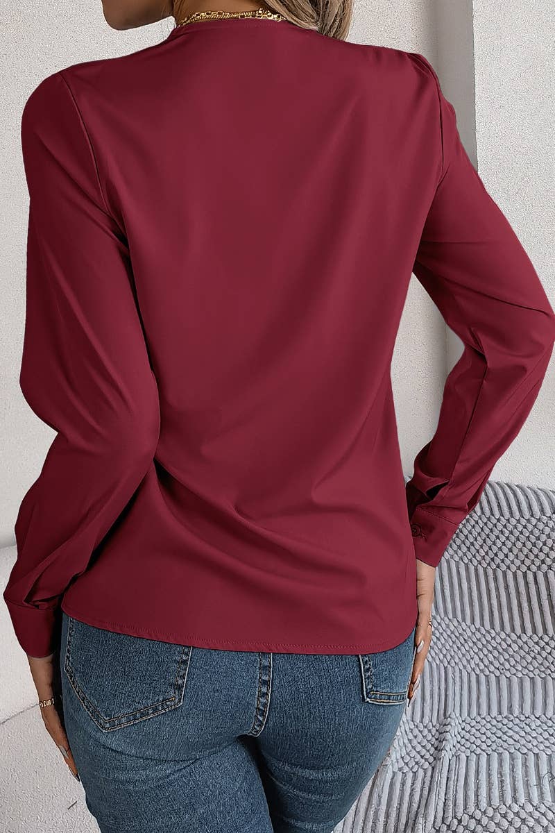 CWTBLL2646_AUTUMN SOLID COLOR V-NECK LONG SLEEVE SHIRT TOP