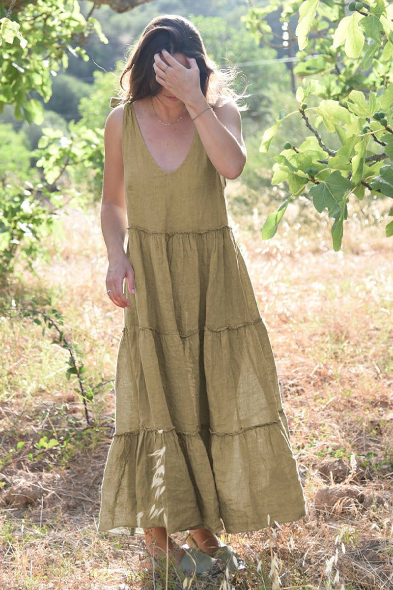 COTTON AND LINEN PATCHWORK LACE-UP DRESS