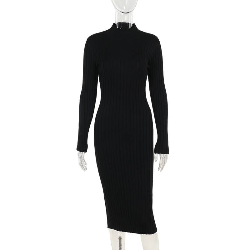 Casual slim-fit turtleneck wool woven large pit strip dress