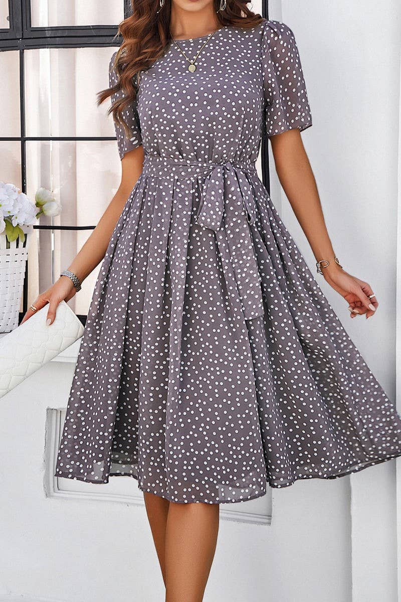 CWDSD7139_TEMPERAMENT CASUAL POLKA DOT LACE-UP PRINT DRESS