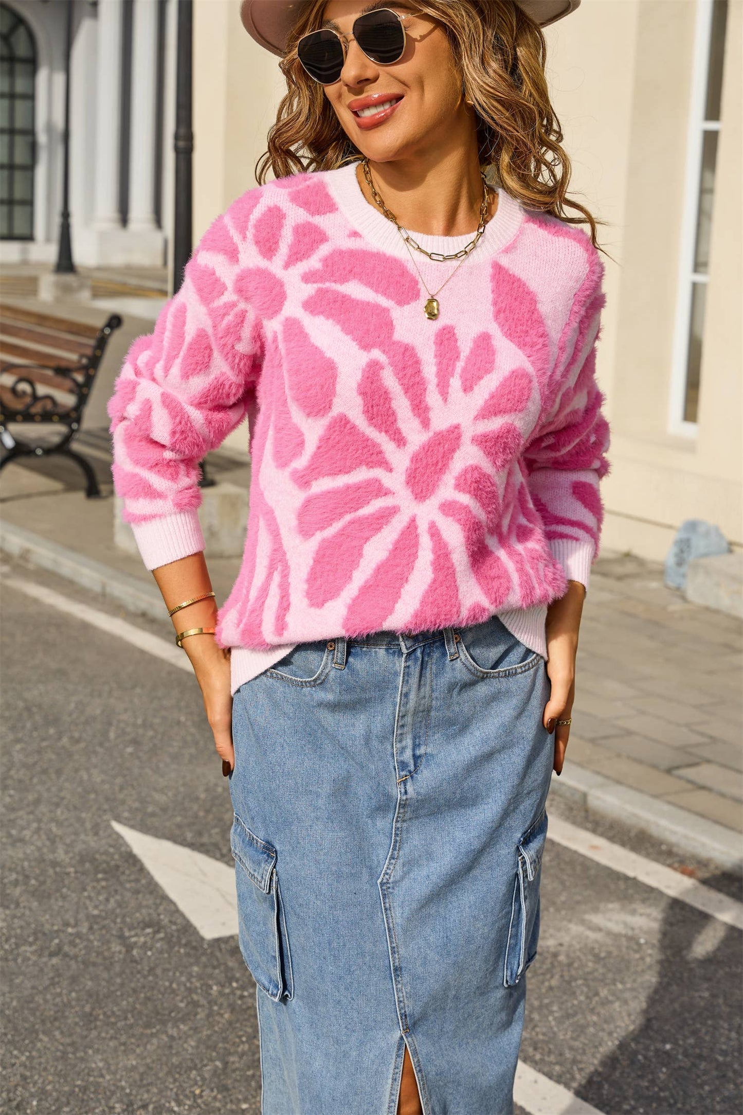 Fluffy flower round-neck warm knitted sweater