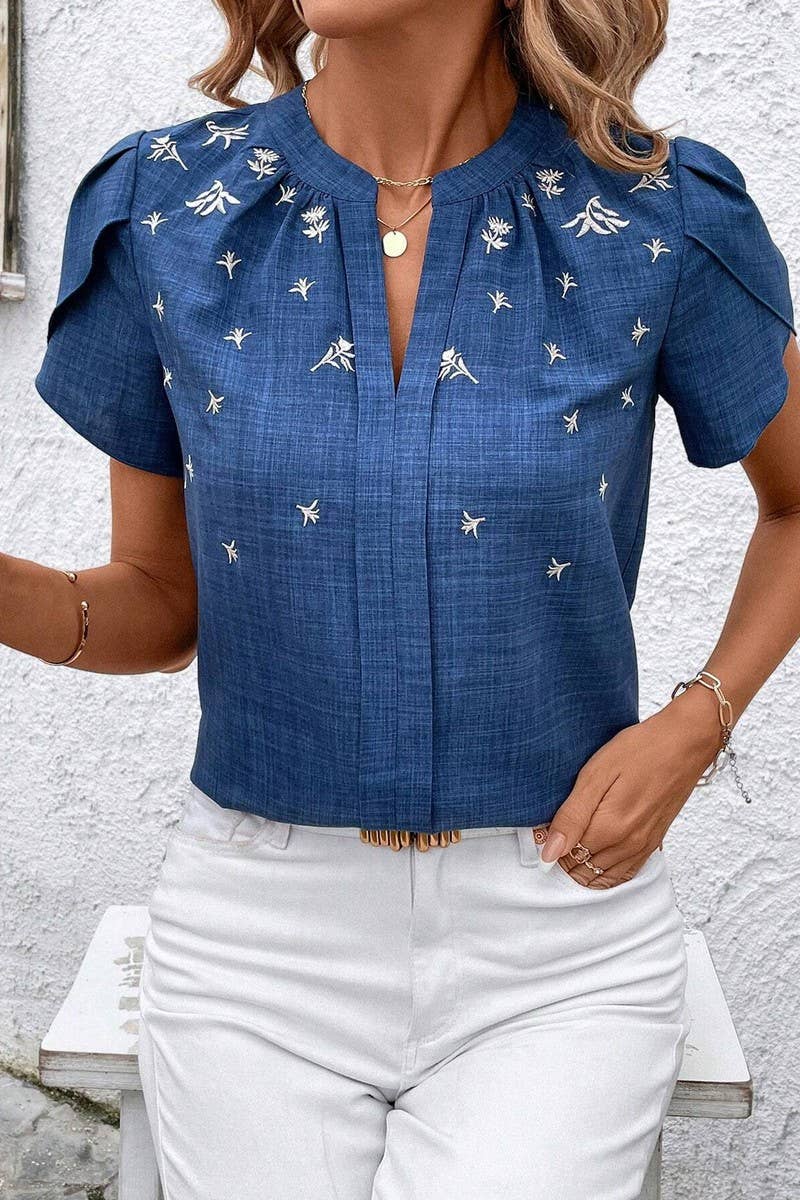 CWTTS1389_SUMMER SOLID COLOR HALF OPEN COLLAR PRINTED TOP