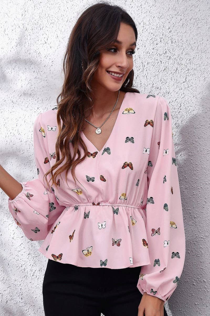 CWTBLL0707_V-Neck Long Sleeve Print Blouse