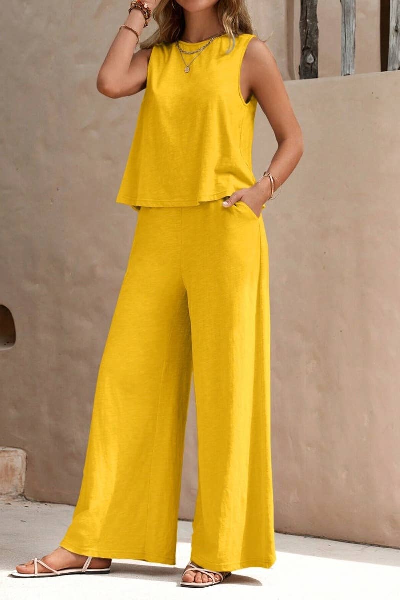 CWSS0639_SUMMER CREW NECK SLEEVELESS TOP PANTS SUIT
