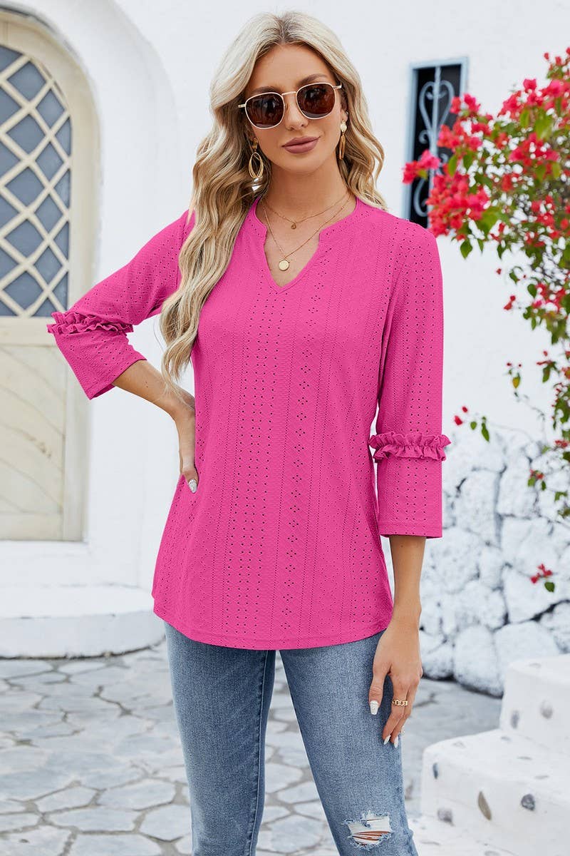 CWTTS0763_3/4 Sleeve Ruffle Detailed V-Neck  Blouse