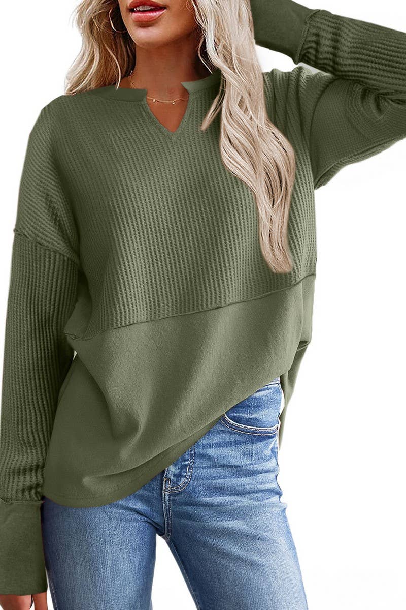 CWTBLL2422_SOLID COLOR PATCHWORK LONGSLEEVE LOOSE SWEATSHIRT