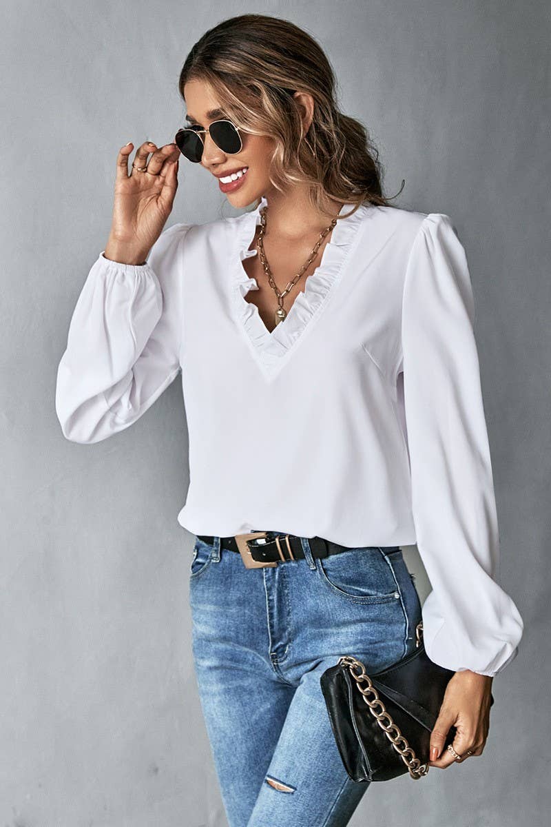 CWTBLL2705_RUFFLED V-NECK LONG-SLEEVED COMMUTER SHIRT TOP