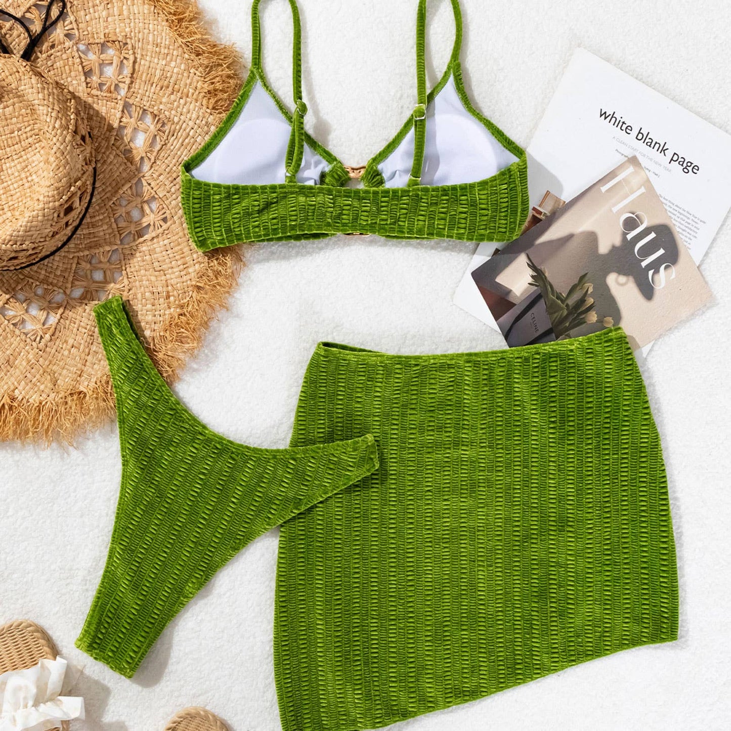 Metal Ring Bikini Set - Green 3 Piece Swimsuit