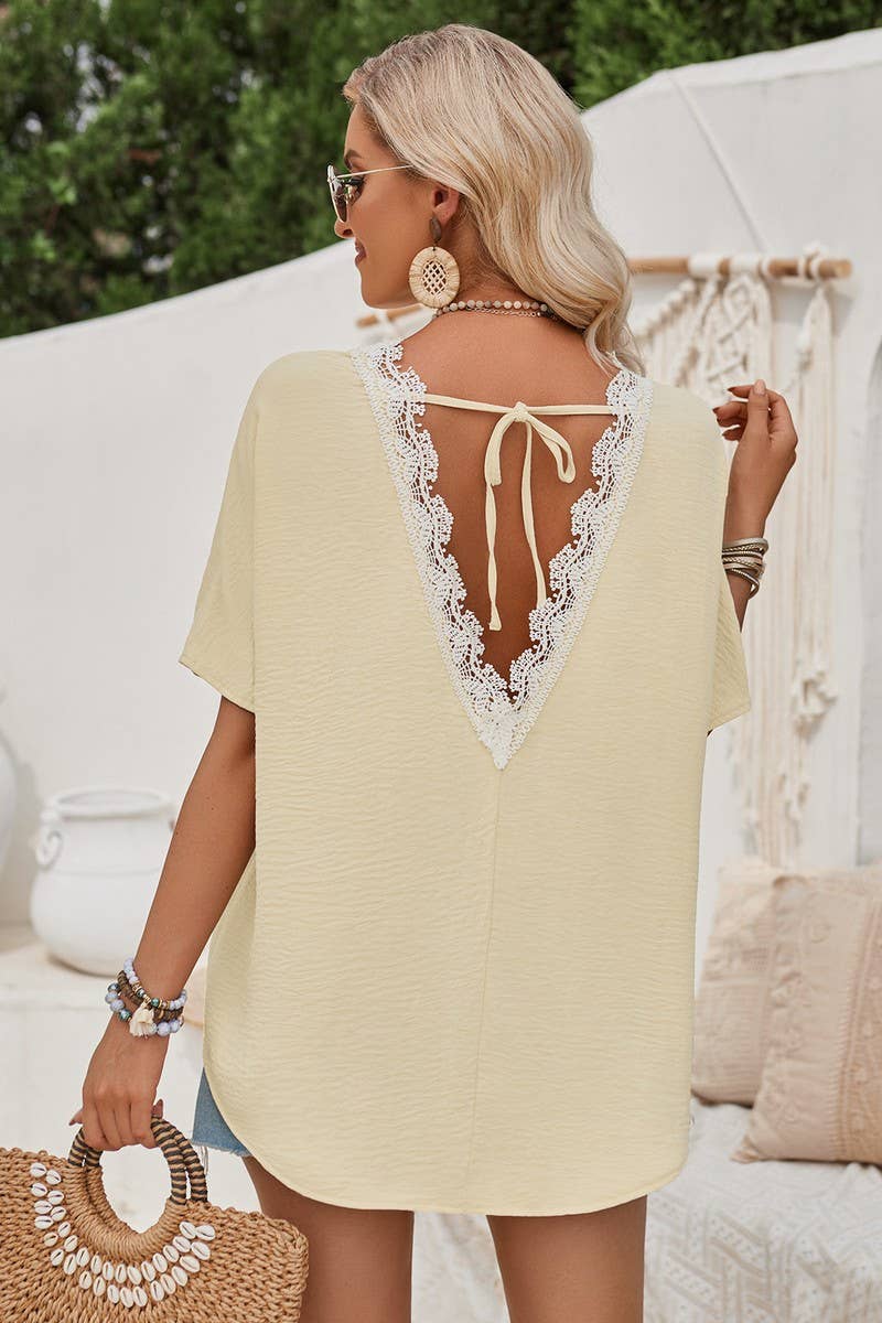 CWTBLS1596_SUMMER NEW LOOSE ROUND NECK BACK LACE TOP