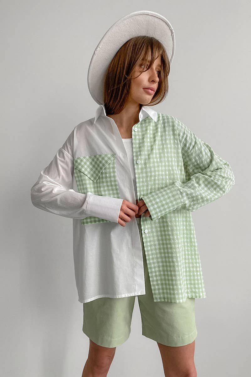 CWTBLL00614_DESIGNED PATCHWORK LONG-SLEEVED PLAID SHIRT