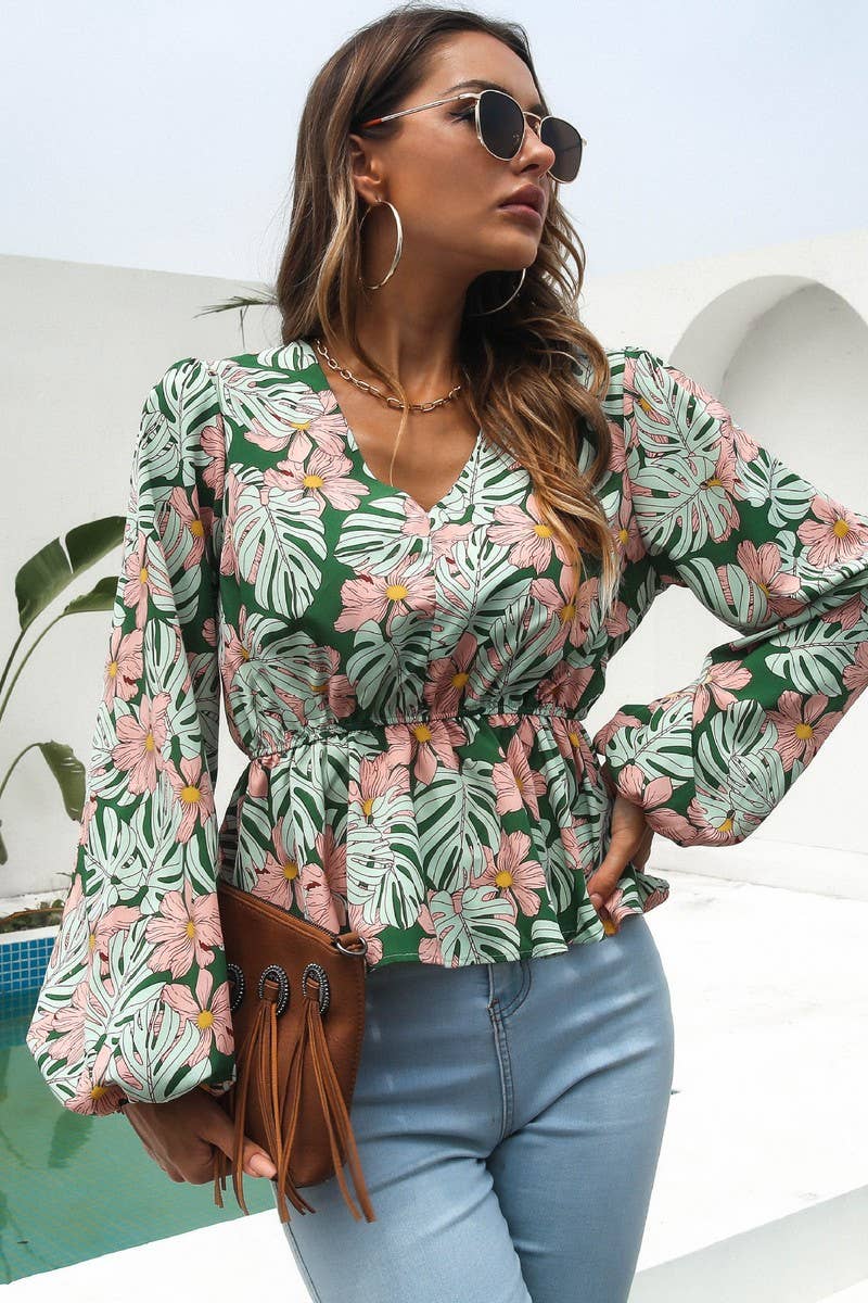CWTBLL0707_V-Neck Long Sleeve Print Blouse