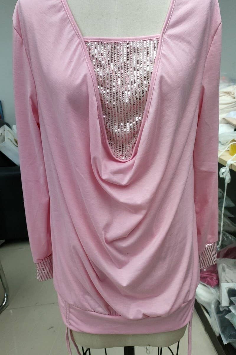 CWTBLL2791_U-NECK SOLID COLOR SEQUINED LONG-SLEEVED TOP