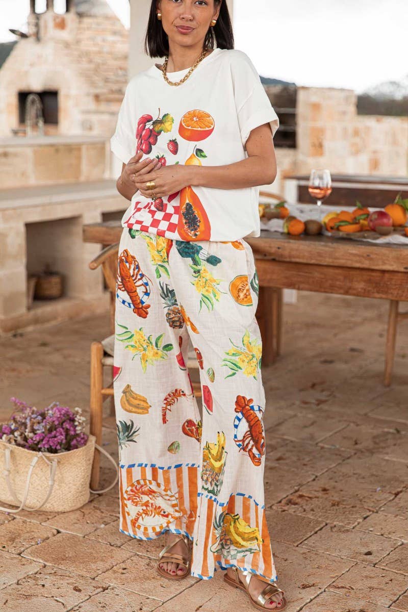 CWSS1255_GRAFFITI PRINT LOOSE T-SHIRT + WIDE-LEG PANTS SET