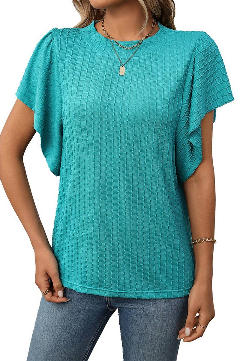 CWTBLS1718_SOLID COLOR ROUND NECK RUFFLE SLEEVE TOP
