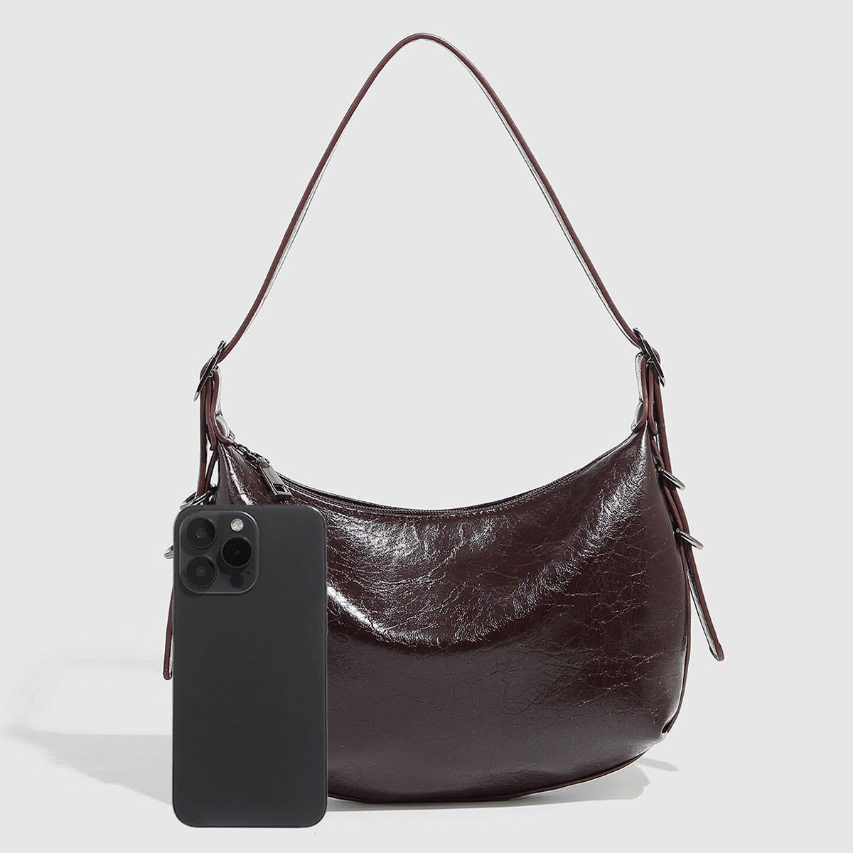 Metallic Soft Leather Biker Shoulder Bag_CWAB5708