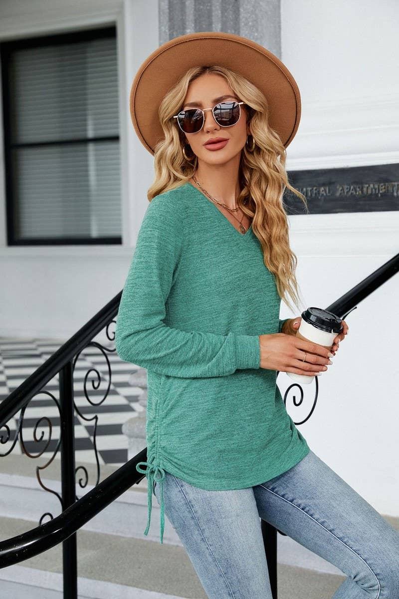 CWTBLL3662_WOMEN'S V-NECK PLEATED LONG SLEEVED LOOSE T-SHIRT