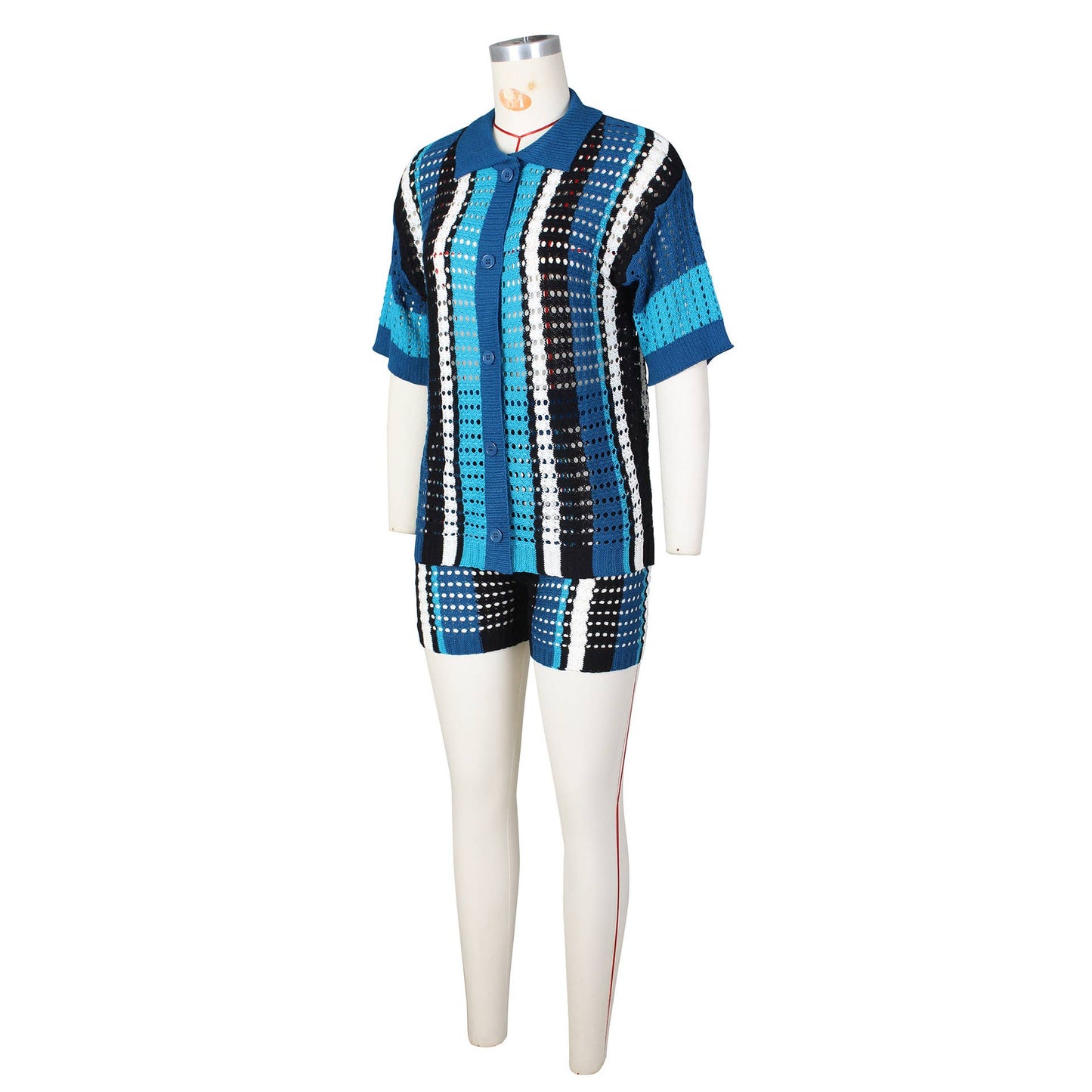 CUT-OUT SEE-THROUGH LAPEL KNIT SHORTS SET