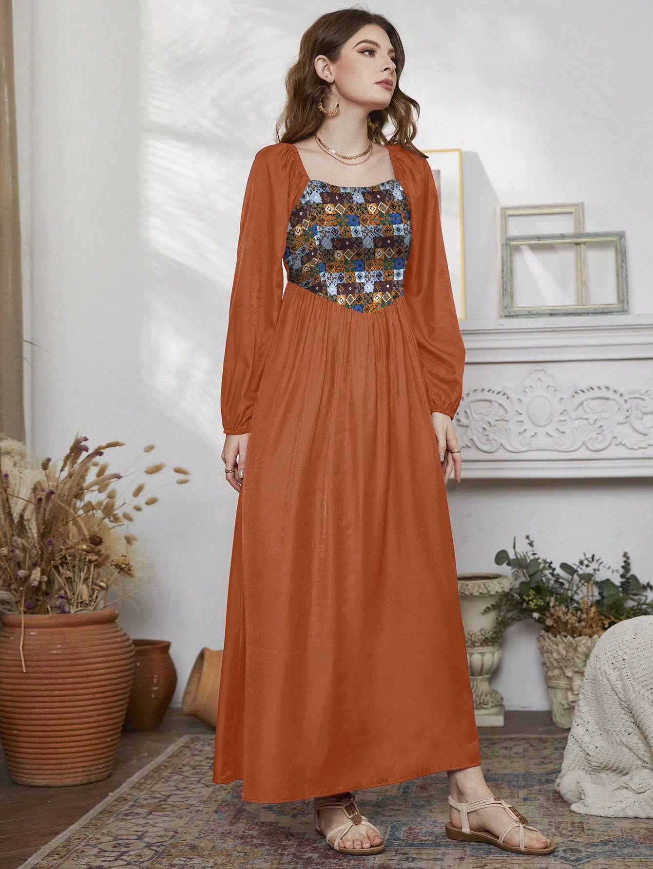 BOHO LANTERN SLEEVE GEOMETRIC PRINT DRESS