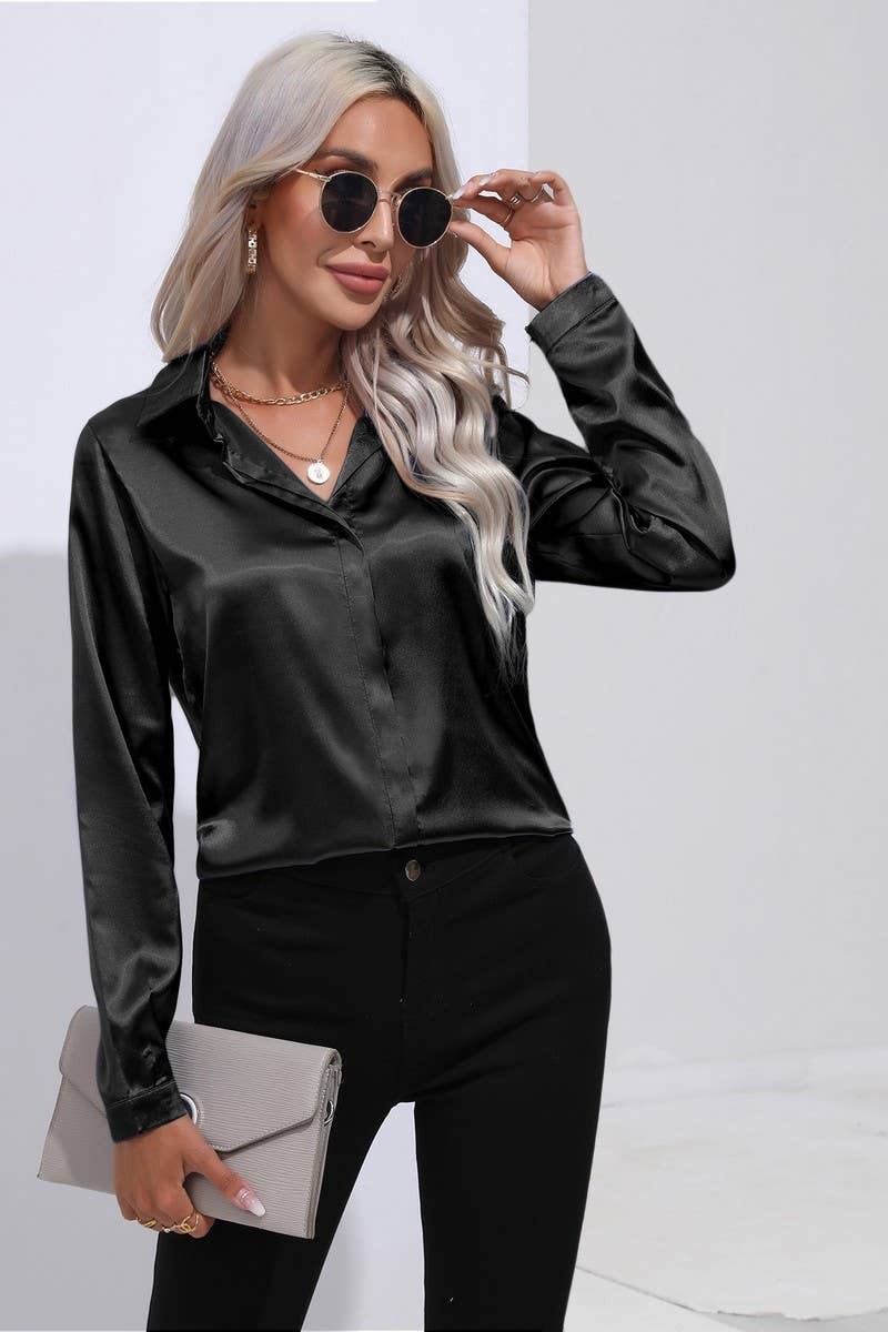 CWTBLL0692_Button Down Silky Satin Long Sleeve Top