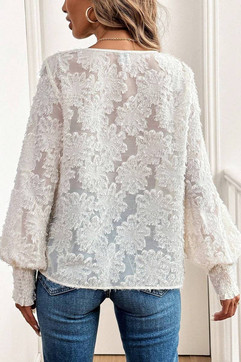 CWTBLL3535_V-NECK LANTERN SLEEVE EMBROIDERED WHITE SHIRT TOP