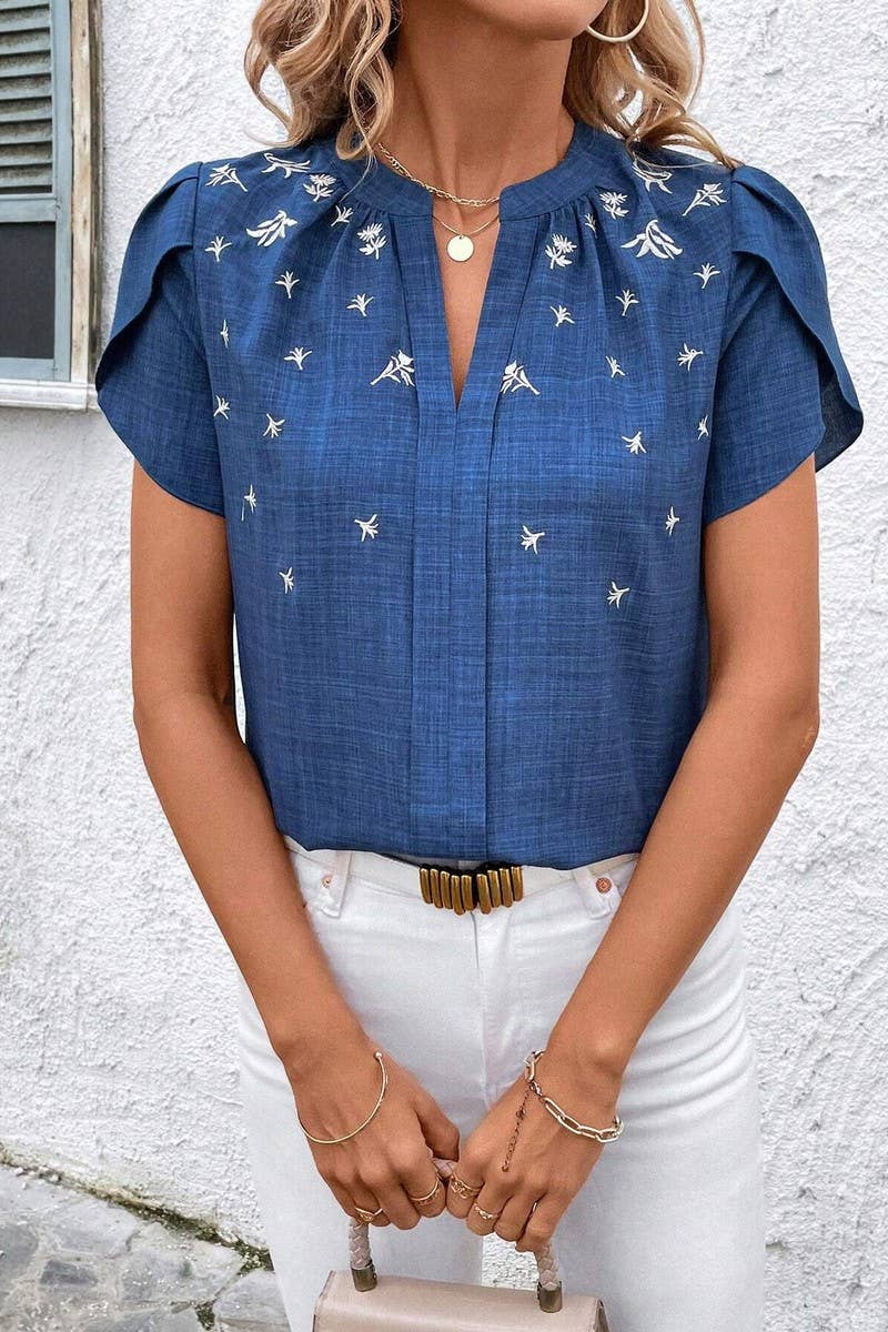 CWTTS1389_SUMMER SOLID COLOR HALF OPEN COLLAR PRINTED TOP