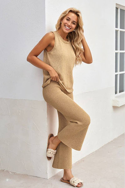 CWSS0632_SUMMER KNIT CASUAL SLEEVELESS TOP PANTS SUIT