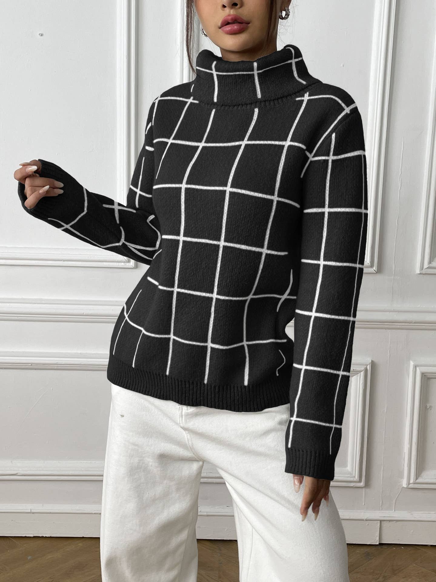 Contrasting plaid turtleneck tops