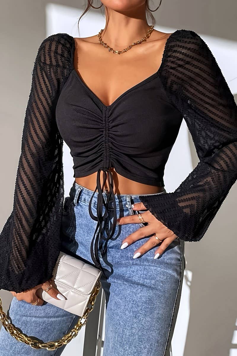 CWTBLL3545_CHEST TIE LANTERN SLEEVES MIDRIFF BARING TOP