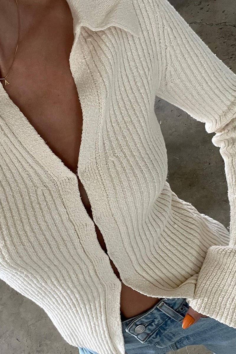 CWOCAL2221_SOLID COLOR LAPEL BELL SLEEVE KNIT CARDIGAN TOP