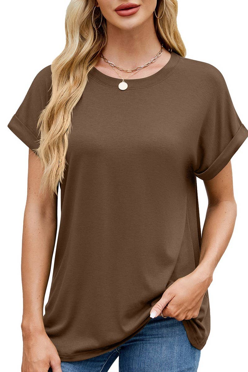 CWTBLS1728_SOLID COLOR ROUND NECK T-SHIRT SHORT SLEEVE TOP