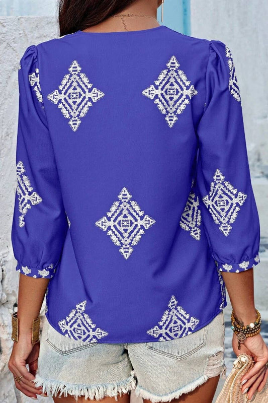 CWTBLS1125_SUMMER PRINTED SEVEN-QUARTER SLEEVE V-NECK TOP