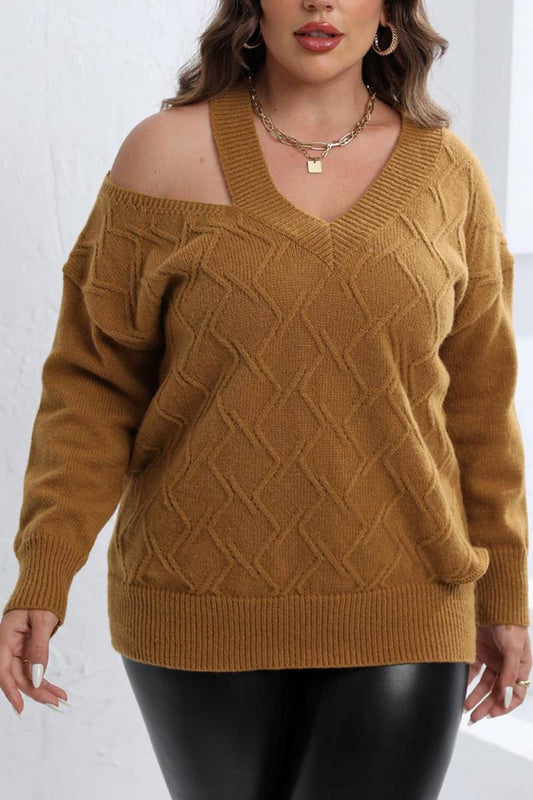 CWOSWL1571_PLUS Size V-Neck Long Sleeve Pullover Sweater