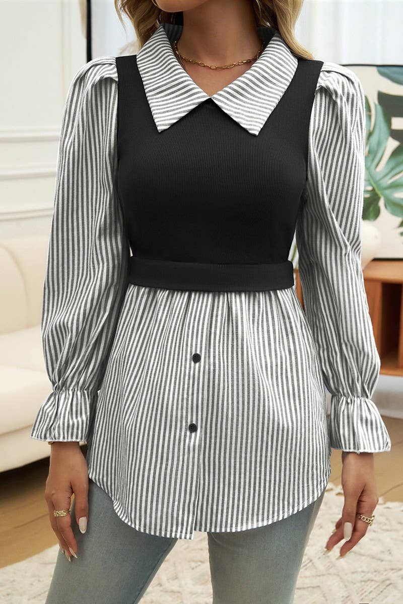 CWTBLL2772_FAKE TWO-PIECE STITCHING PUFF SLEEVE SHIRT